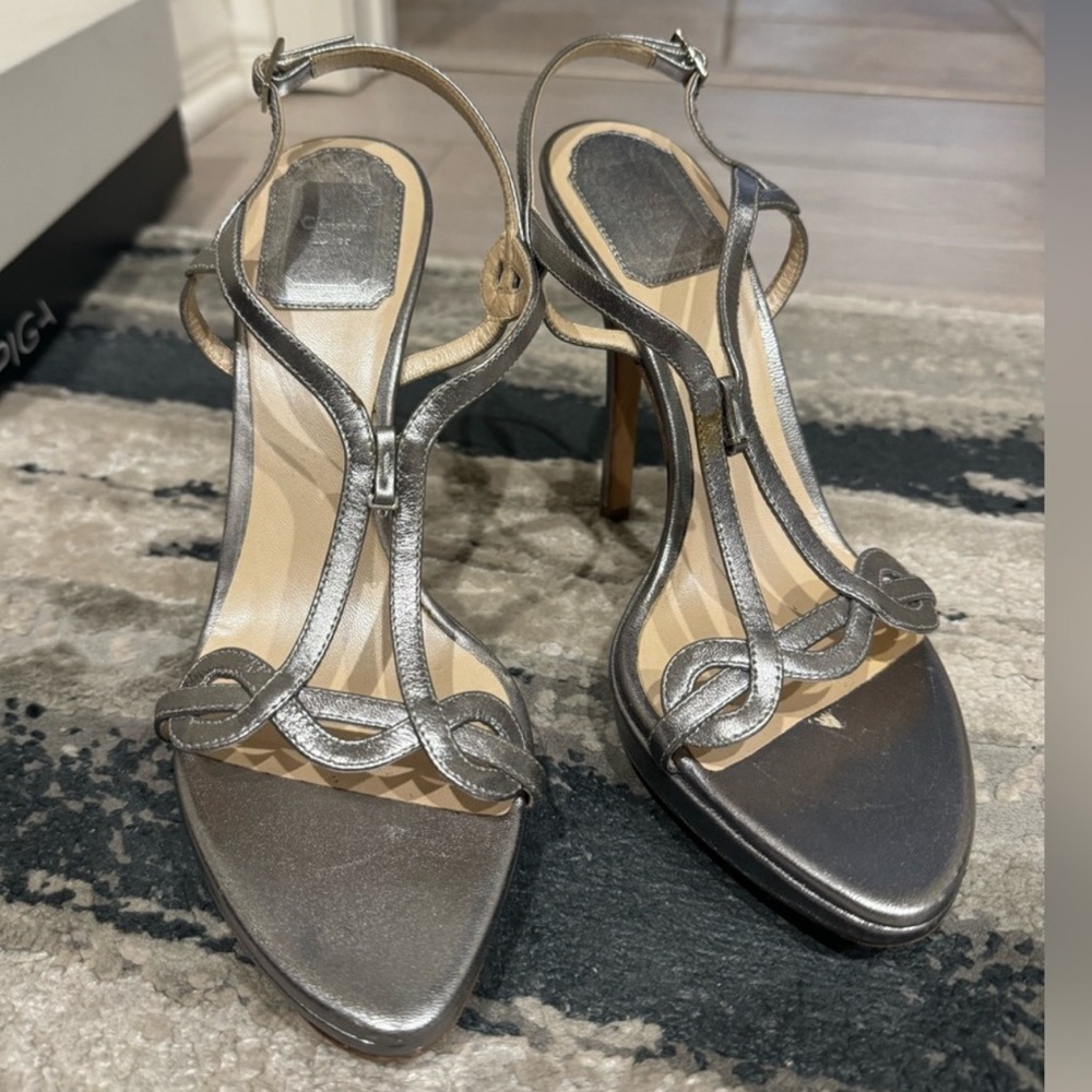 Vintage Dior Sandals silver steel shiny leather straps high heels - great look